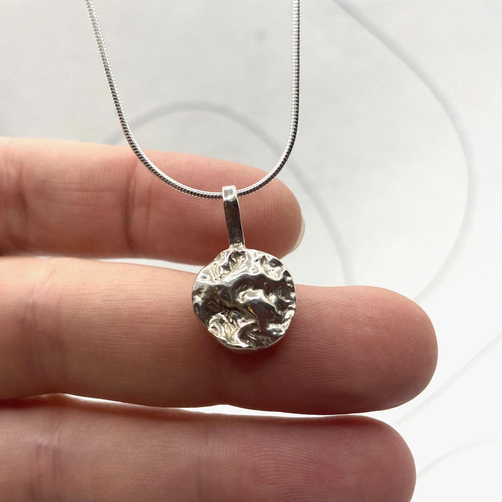 Personalised small 925 eco silver pendant necklace, textured coin design pendant, 45 cm 925 snake chain, opt back engraving, stocking filler