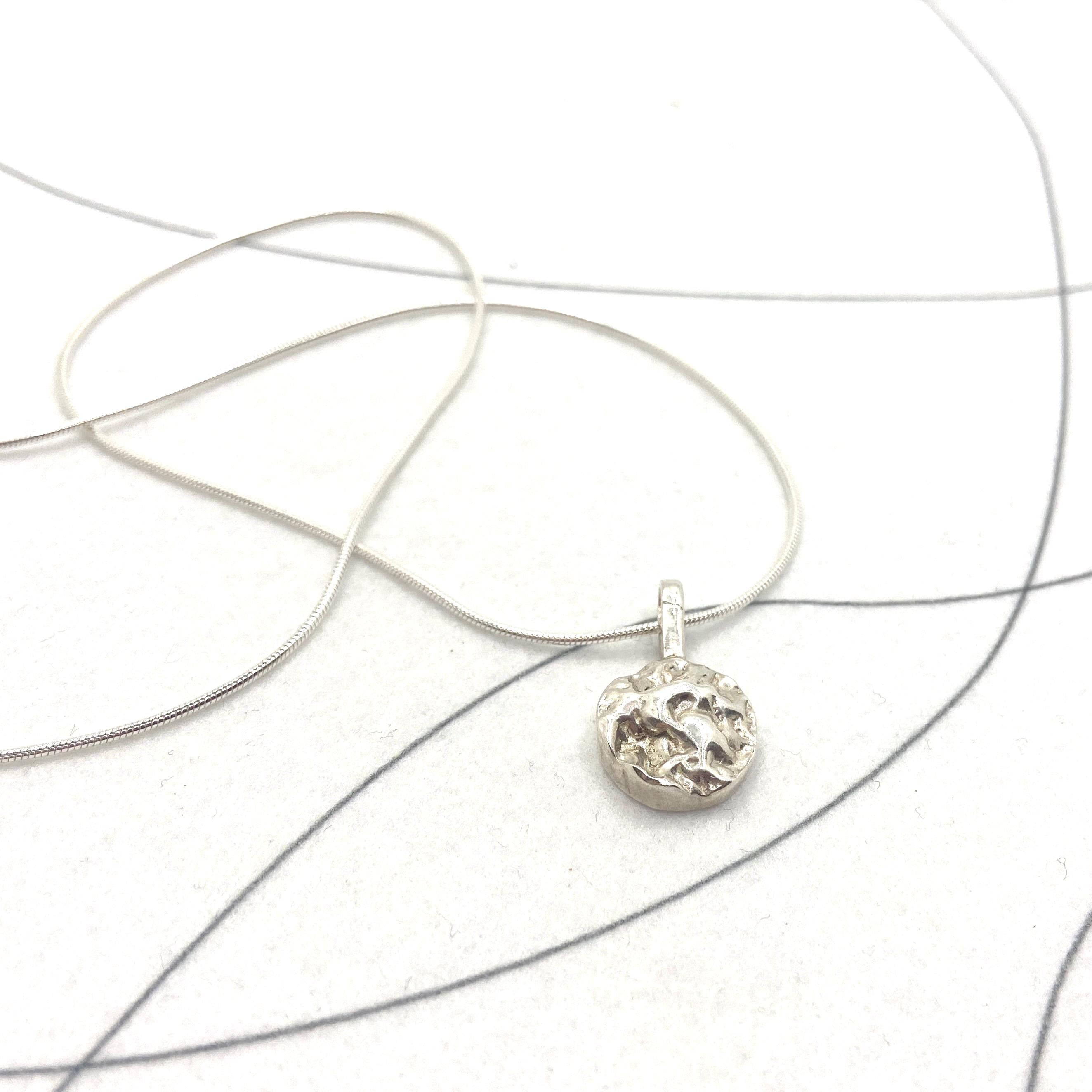 Personalised small 925 eco silver pendant necklace, textured coin design pendant, 45 cm 925 snake chain, opt back engraving, stocking filler