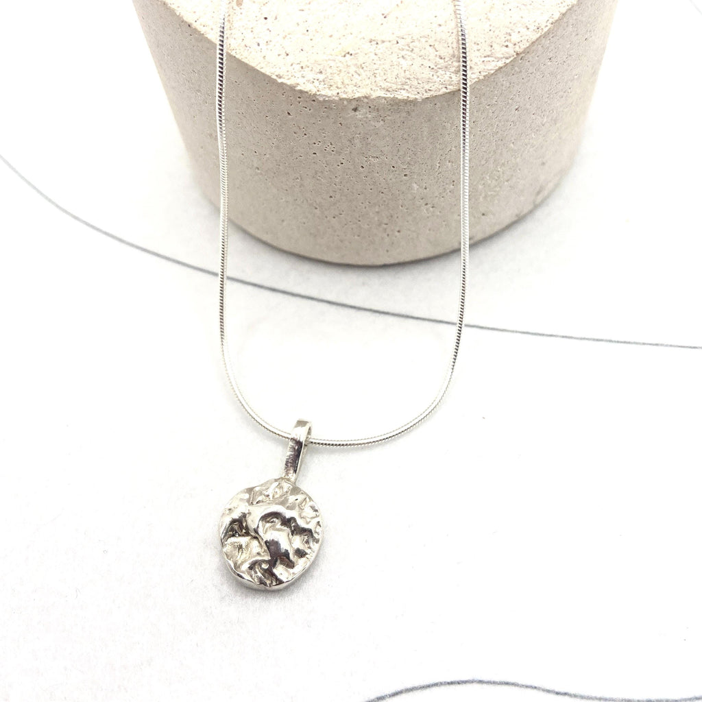 Personalised small 925 eco silver pendant necklace, textured coin design pendant, 45 cm 925 snake chain, opt back engraving, stocking filler