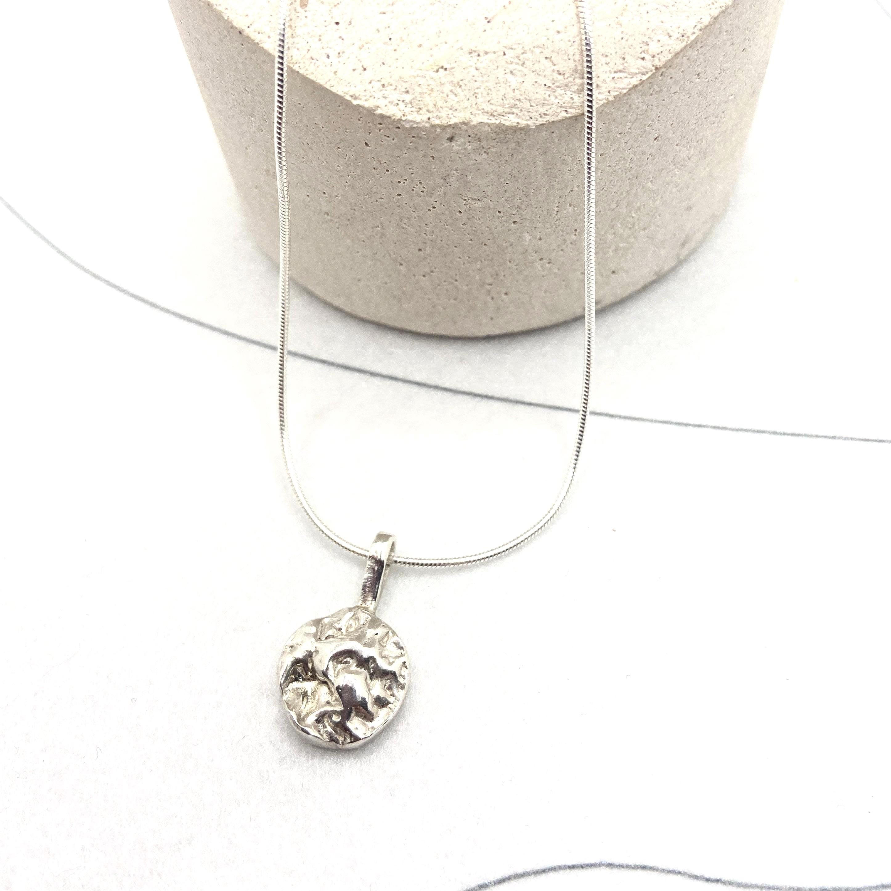 Personalised small 925 eco silver pendant necklace, textured coin design pendant, 45 cm 925 snake chain, opt back engraving, stocking filler