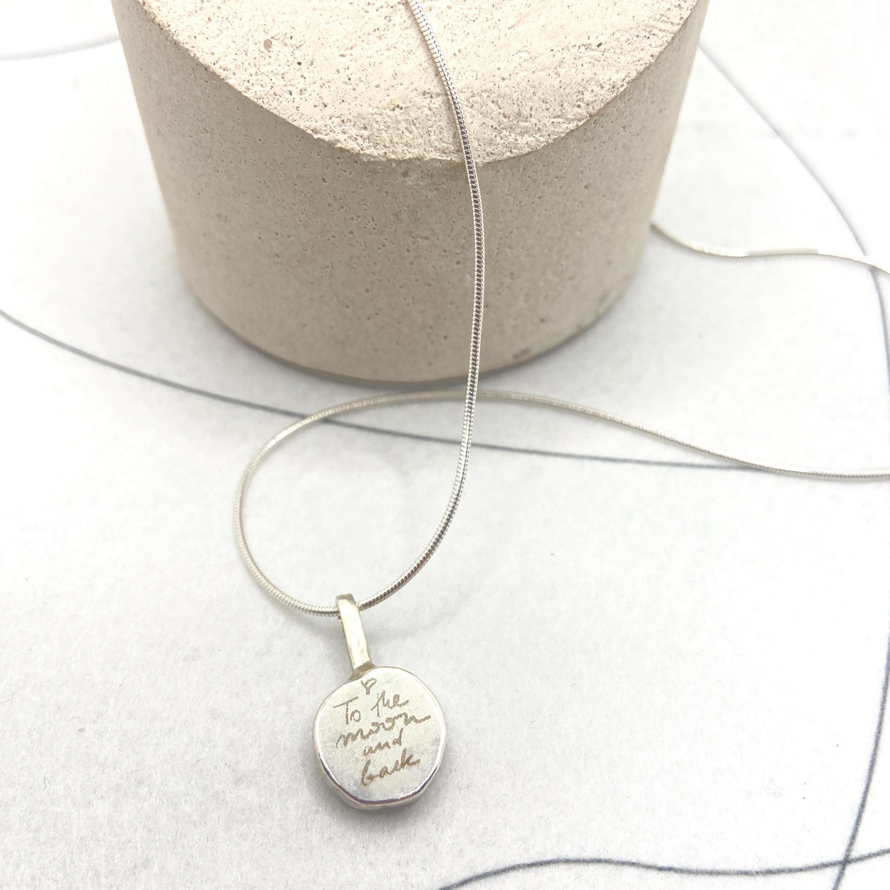 Personalised small 925 eco silver pendant necklace, textured coin design pendant, 45 cm 925 snake chain, opt back engraving, stocking filler