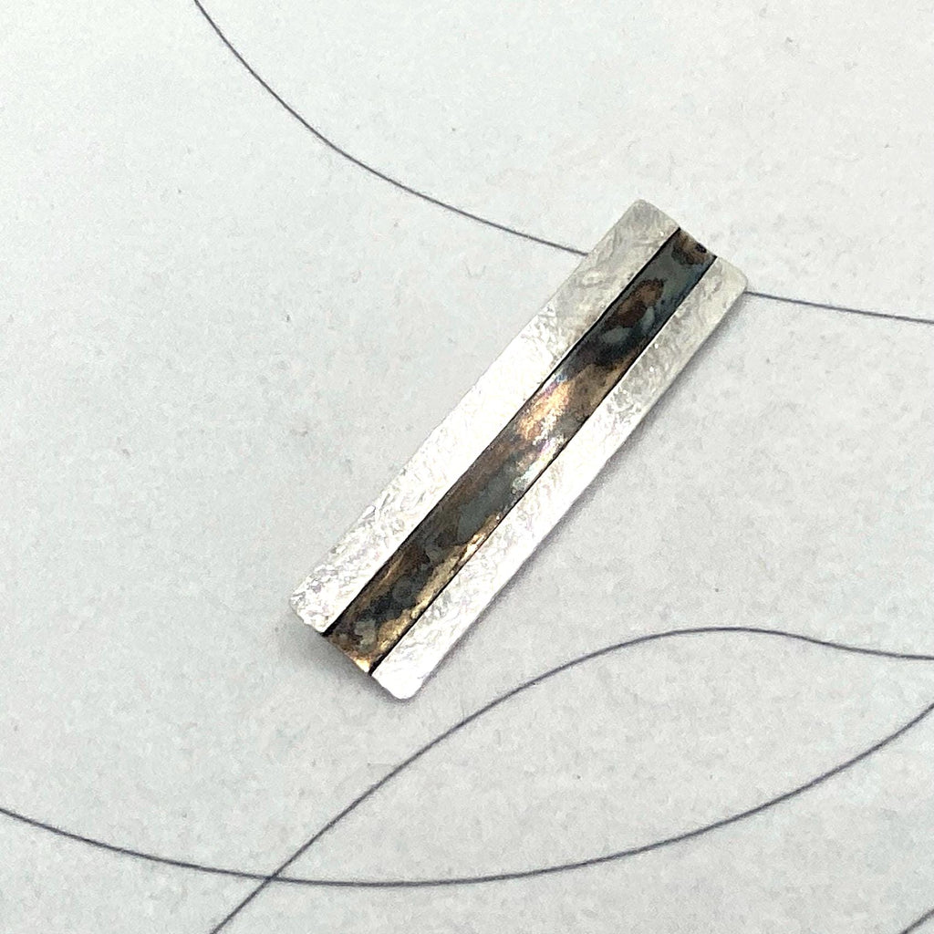 Rectangular Sterling Silver Brooch: Slim Striped Oxidized Lapel Pin